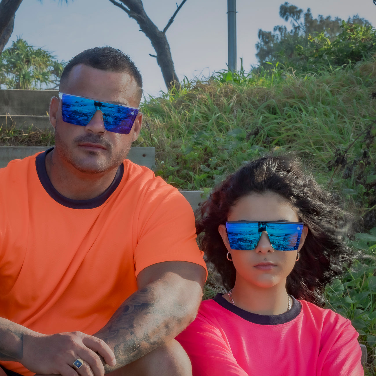 blue safety glasses front view